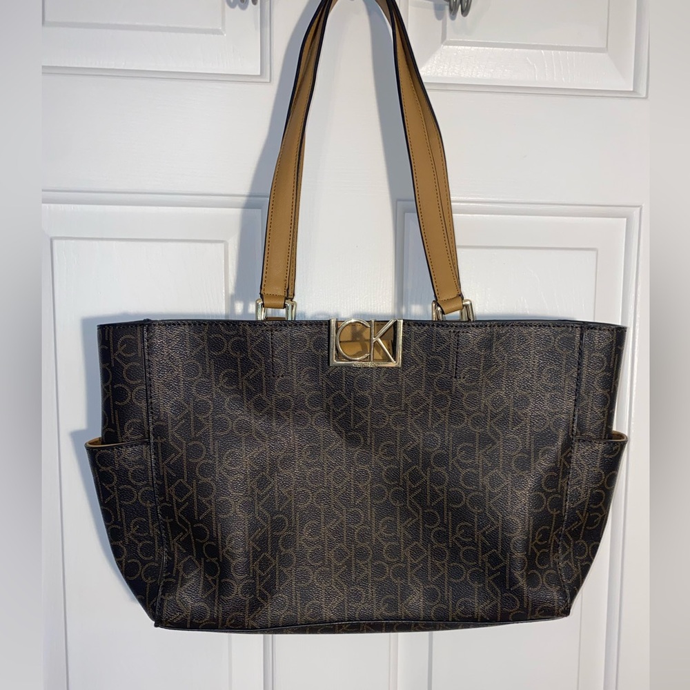Calvin Klein Brown Monogram Tote with Tan Handles